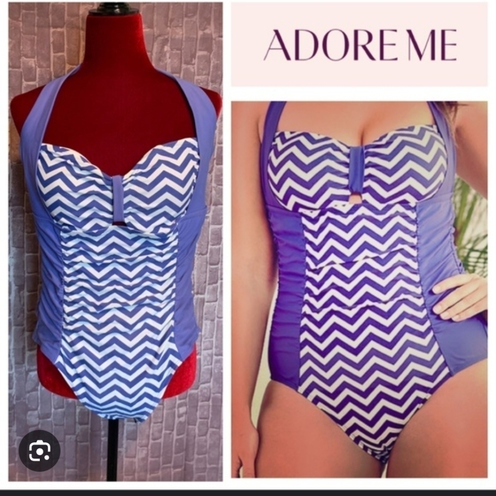 New With Tags Adore Me Periwinkle Chevron Stripe Swimsuit Halter Size 0X/ XL